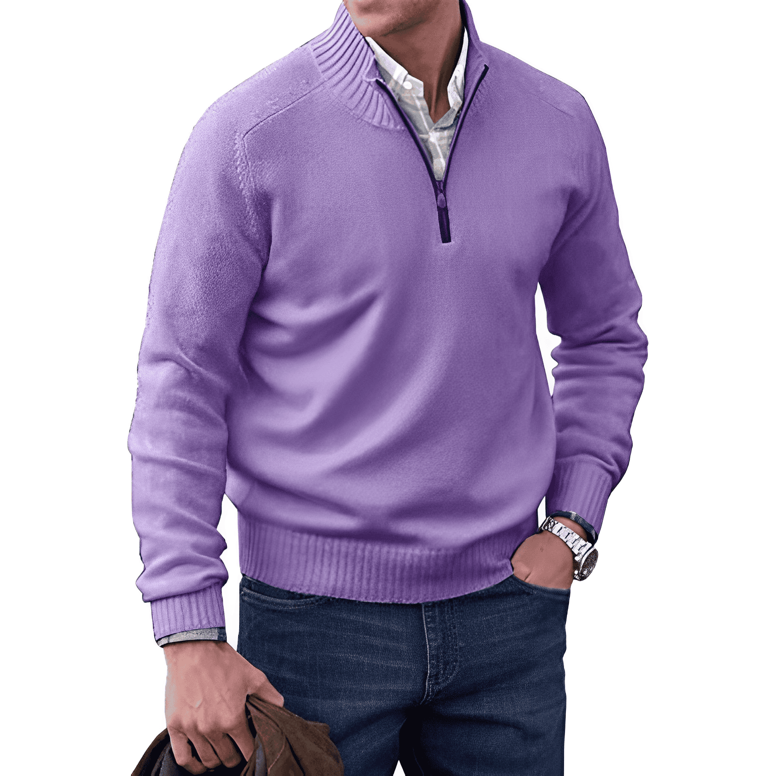 Men's Wool Blend Sweater - Regular Fit with Zip Closure and Ribbed Collar/Cuffs