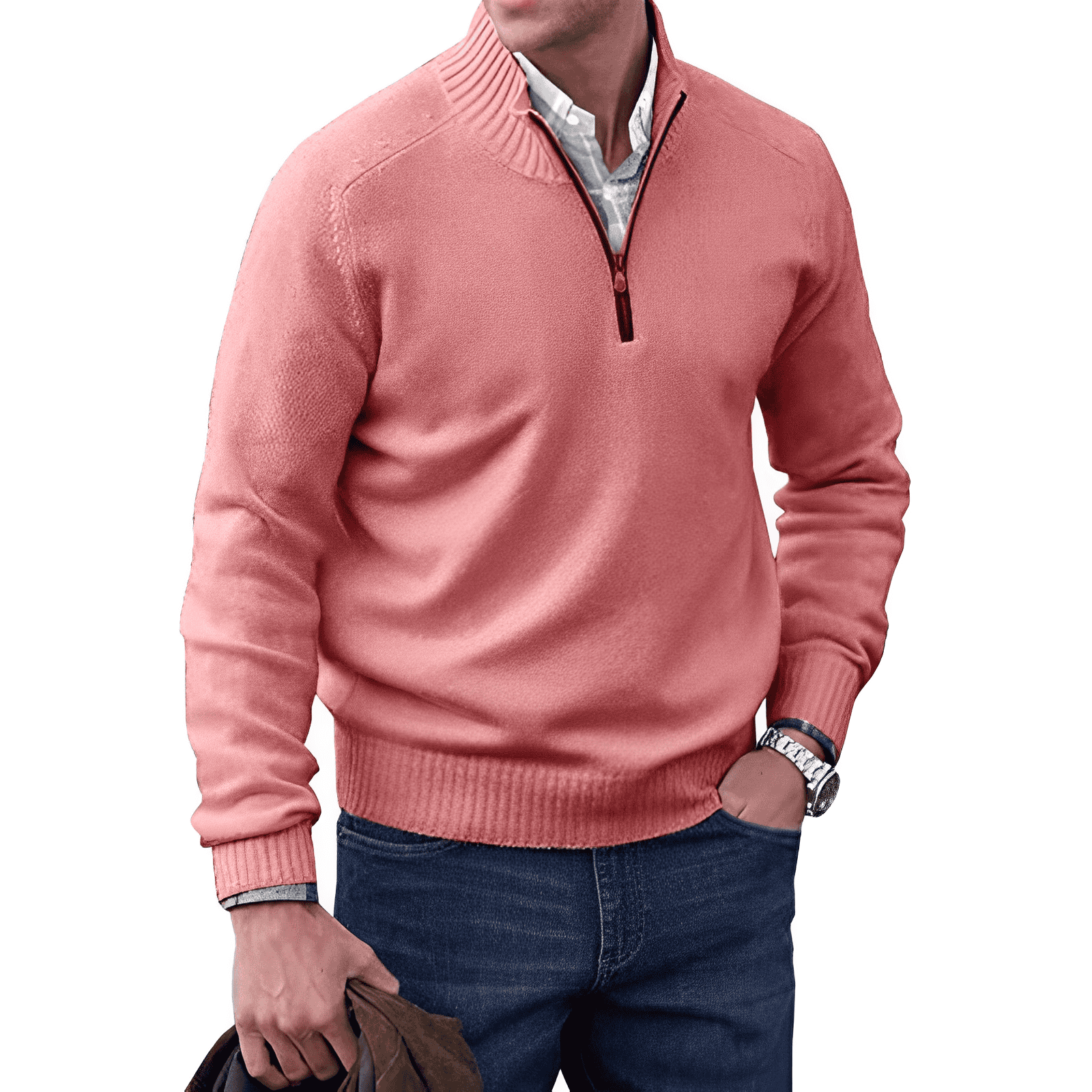 Men's Wool Blend Sweater - Regular Fit with Zip Closure and Ribbed Collar/Cuffs