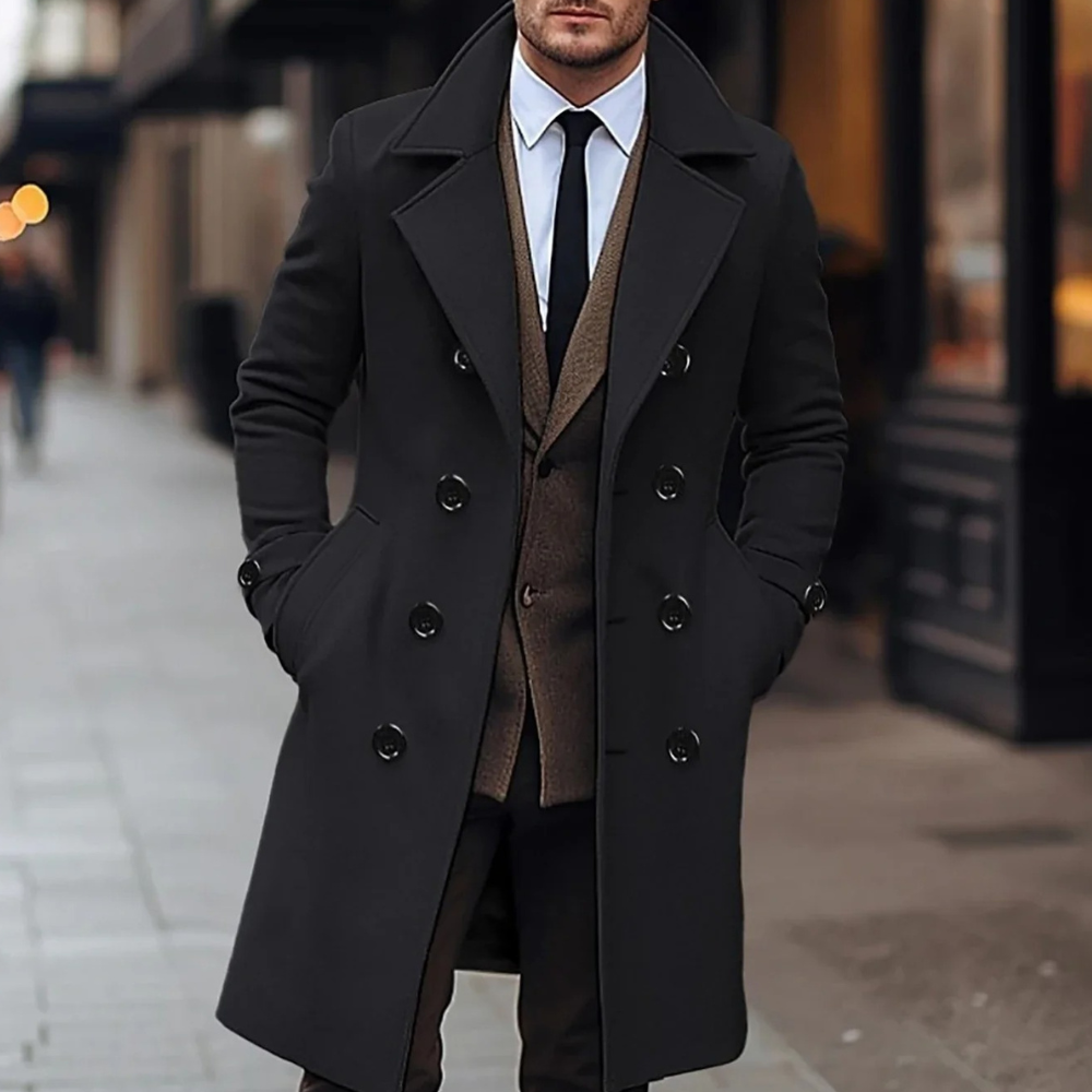 Men's Tailored Woolmix Overcoat – Double-Breasted Knee-Length Formal Wear