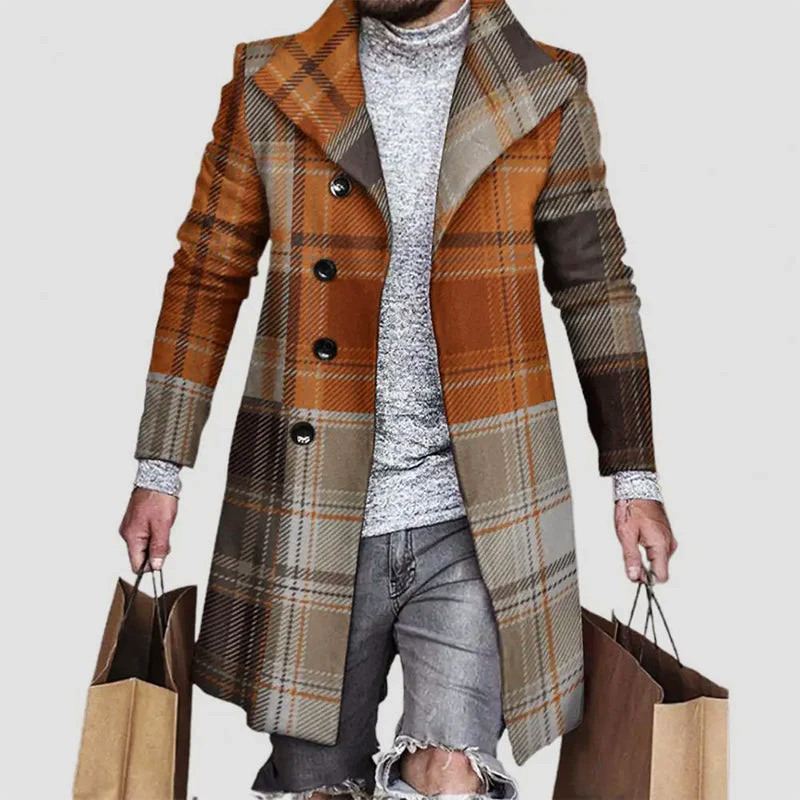 Men's Regular Fit Plaid Coat with Notched Lapel