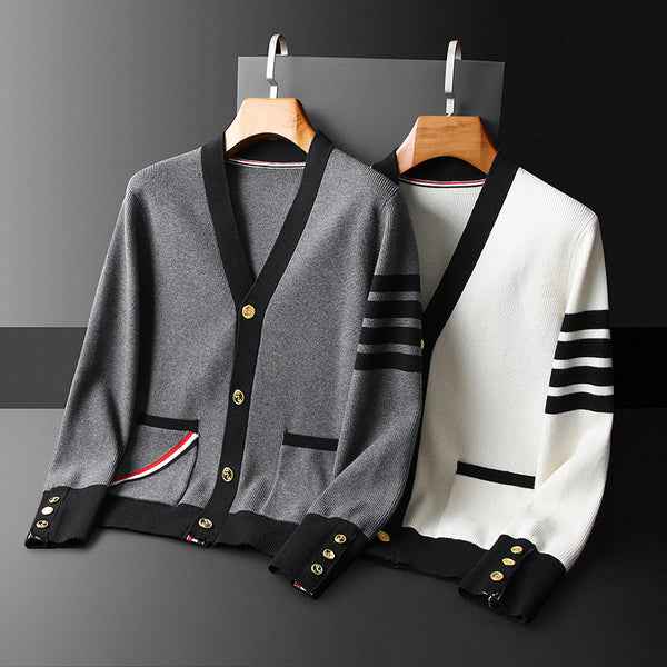 Men's Regular Fit Cardigan with Striped Sleeves and Button Front