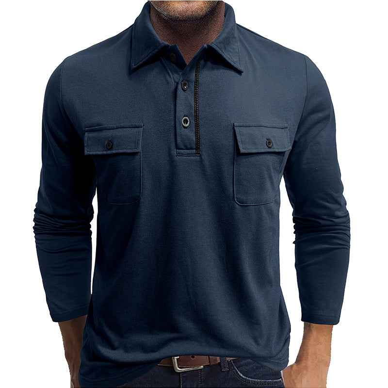 Men's Long Sleeve Polo Shirt – Regular Fit – Cotton Blend – Double Chest Pockets