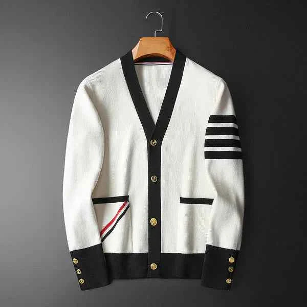 Men's Regular Fit Cardigan with Striped Sleeves and Button Front