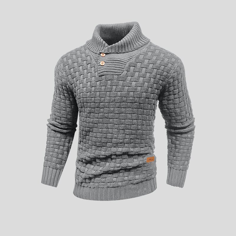 Men's Woolmix Knitted Sweater – Shawl Collar with Buttons – Ribbed Edging – Textured Design