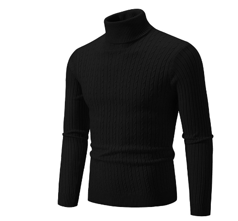 Men's Slim Fit Turtleneck Sweater – Wool Knit with Cable Pattern and Ribbed Cuffs