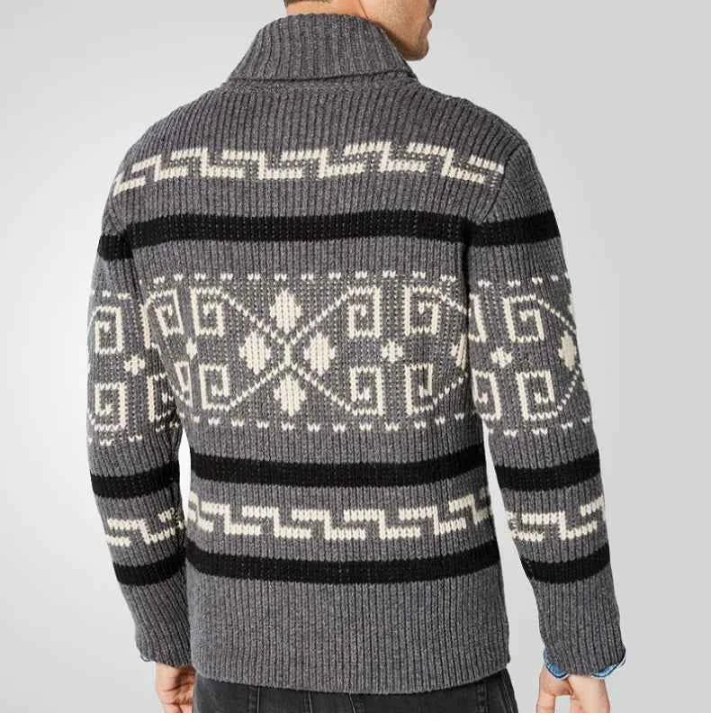 Men's Slim Fit Knitted Wool Cardigan with Zip Closure and Geometric Pattern