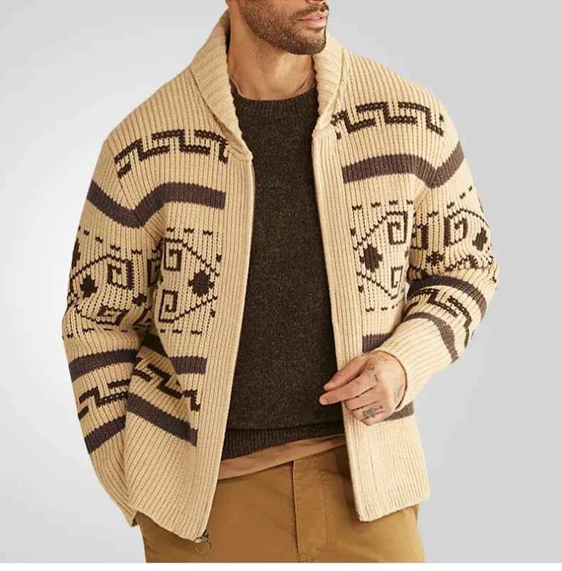 Men's Slim Fit Knitted Wool Cardigan with Zip Closure and Geometric Pattern