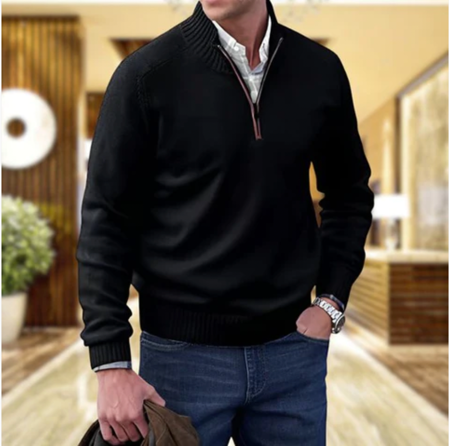 Men's Wool Blend Sweater - Regular Fit with Zip Closure and Ribbed Collar/Cuffs