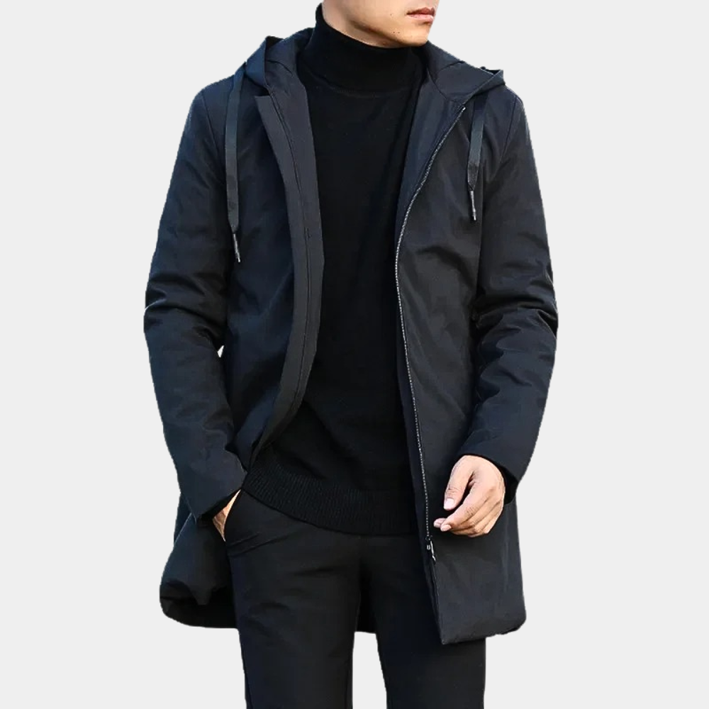 Men's Windproof Long Coat – Relaxed Fit with Hood and Zip Closure – Urban Style
