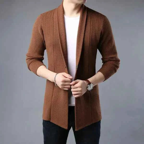 Men's Wool Cardigan – Open Front, Relaxed Fit, Shawl Collar, Ribbed Texture