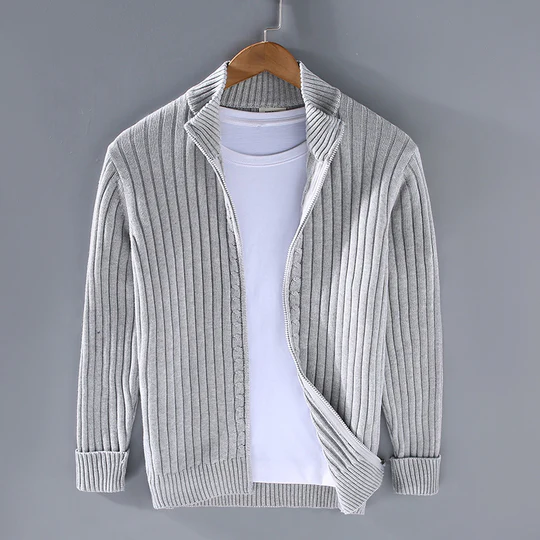 Men's Slim Fit Knitted Cardigan – Cotton with Ribbed Texture and Zipper Closure