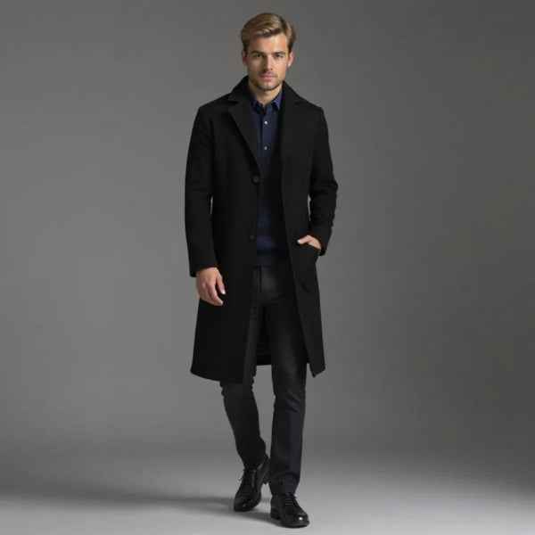 Men's Tailored Woolmix Long Coat – Single-Breasted Formal Style