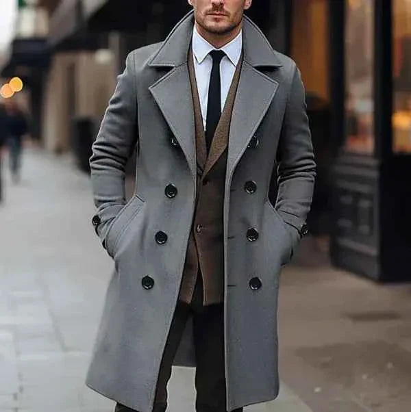 Men's Tailored Wool Blend Overcoat – Knee-Length Double-Breasted Formal Style