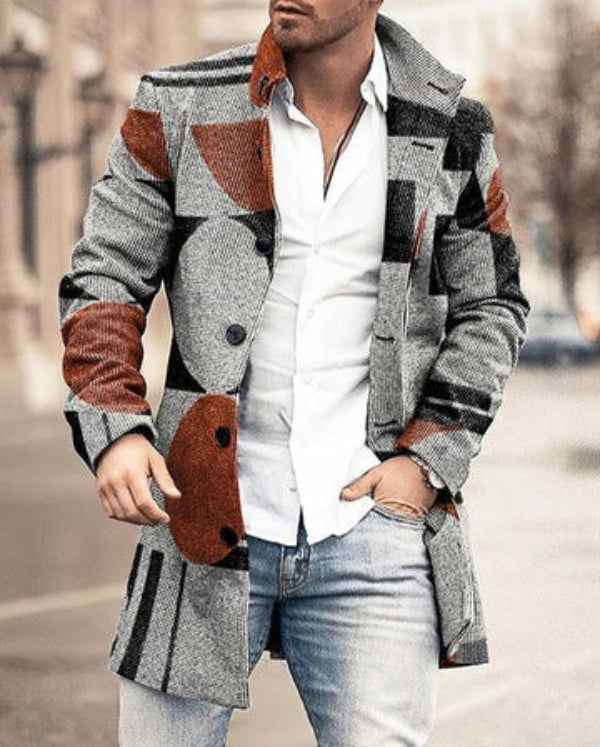 Men's Mid-Length Coat – Tailored Fit – Wool Blend – Check Pattern – Button Closure