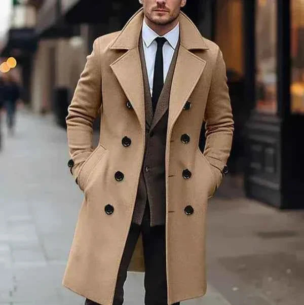 Men's Tailored Wool Blend Overcoat – Knee-Length Double-Breasted Formal Style