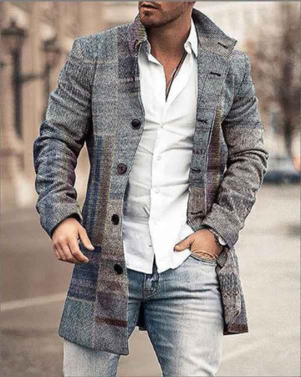 Men's Mid-Length Coat – Tailored Fit – Wool Blend – Check Pattern – Button Closure