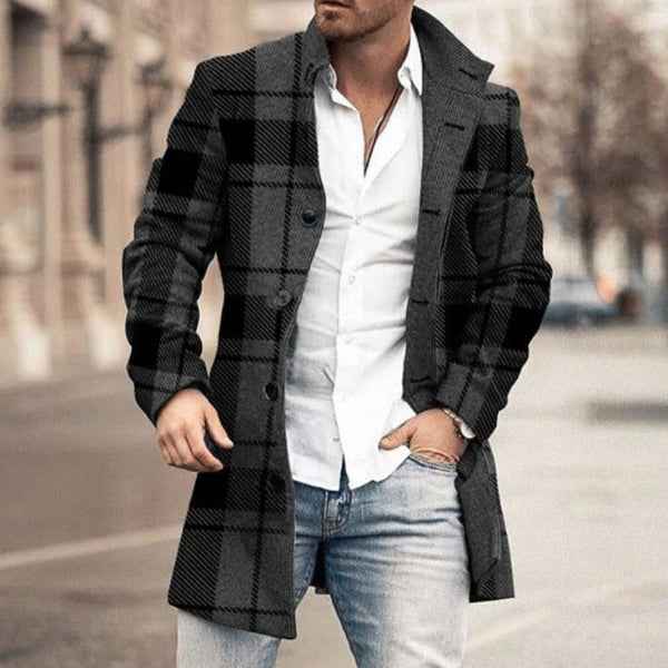 Men's Mid-Length Coat – Tailored Fit – Wool Blend – Check Pattern – Button Closure