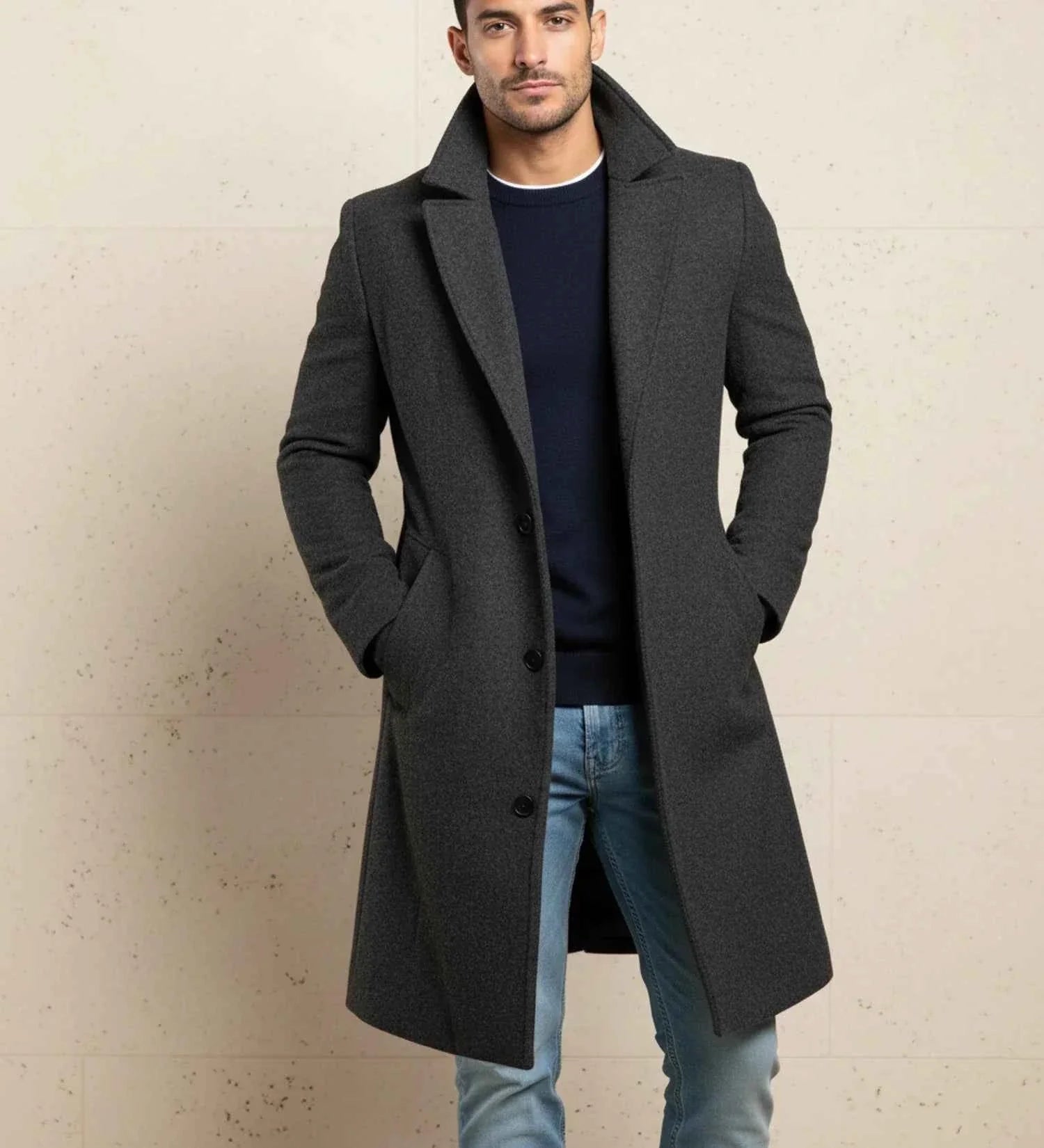 Men's Notch Lapel Long Single-Breasted Overcoat
