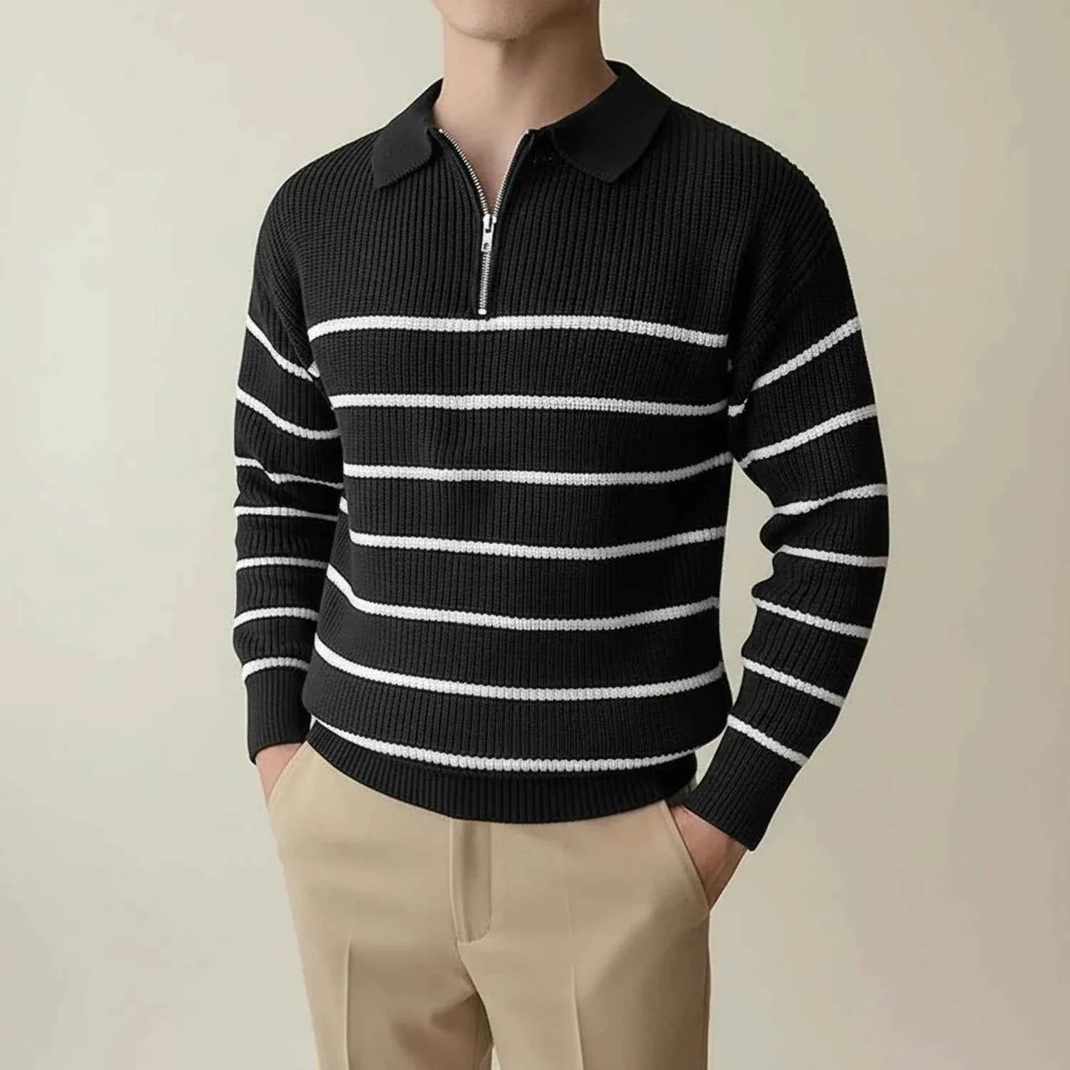 Men's Striped Quarter-Zip Polo Sweater