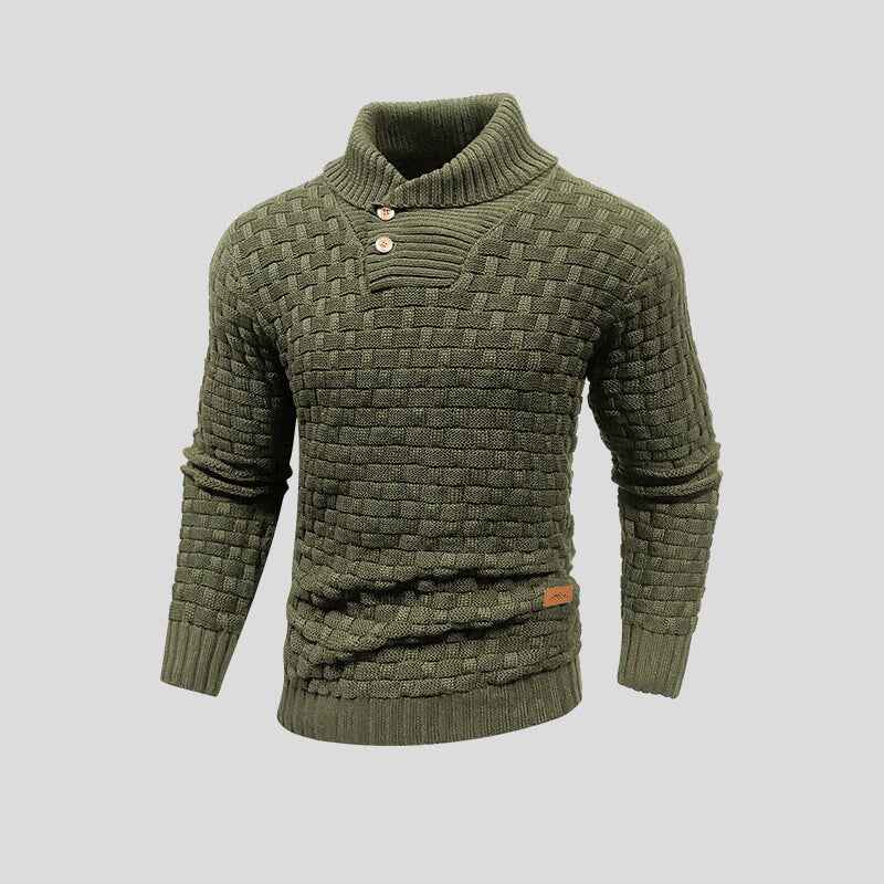 Men's Woolmix Knitted Sweater – Shawl Collar with Buttons – Ribbed Edging – Textured Design