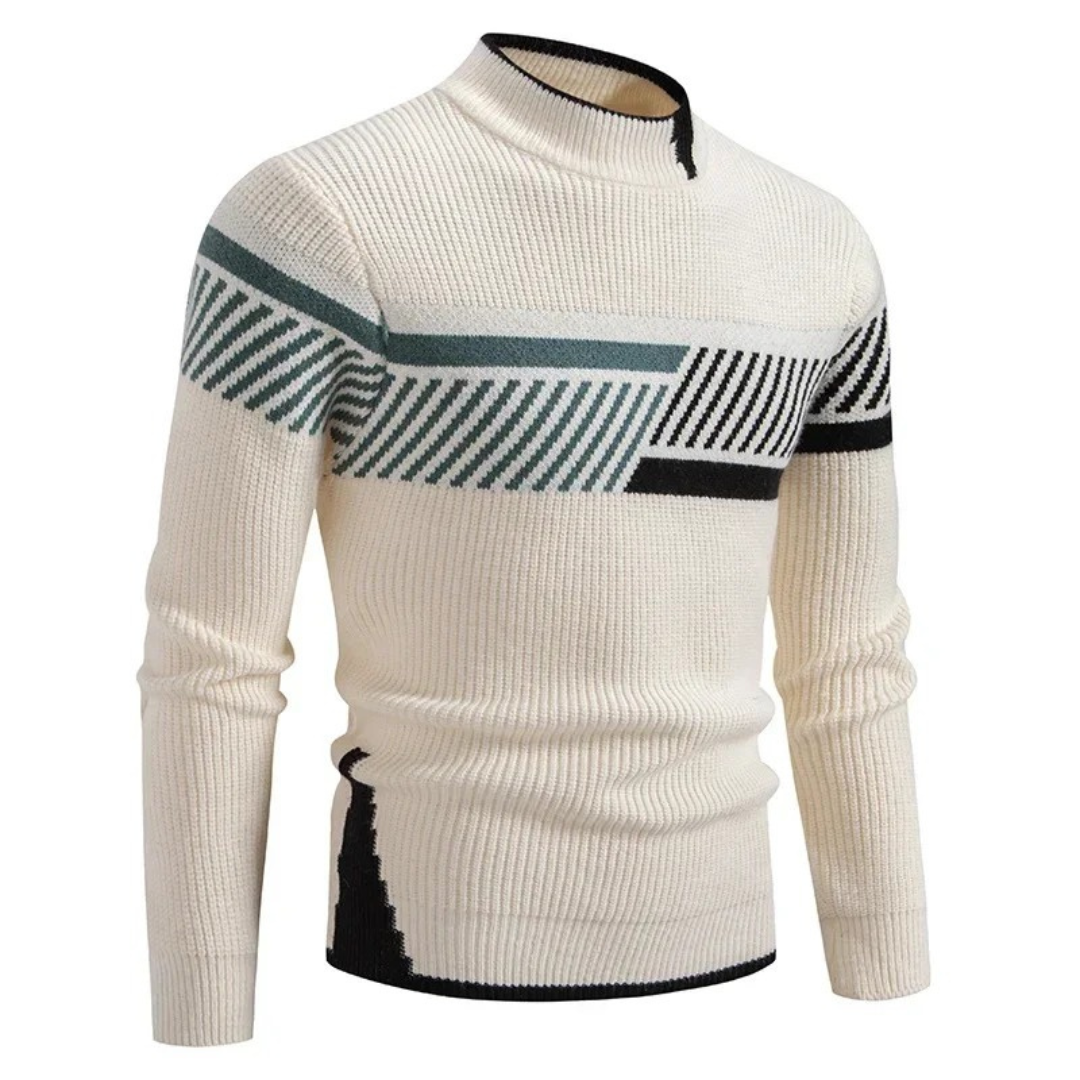 Men's Knitted Sweater – Regular Fit – Mock Neck – Geometric Pattern – Long Sleeve