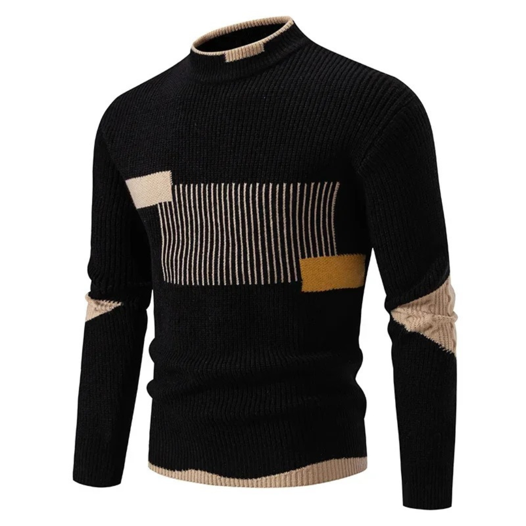 Men's Knitted Sweater – Regular Fit – Mock Neck – Geometric Pattern – Long Sleeve