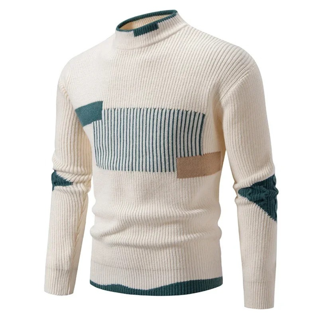 Men's Knitted Sweater – Regular Fit – Mock Neck – Geometric Pattern – Long Sleeve