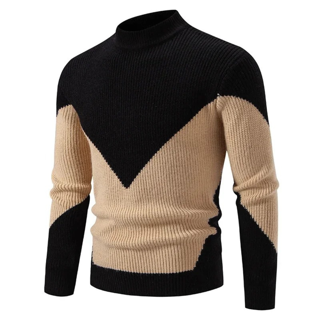 Men's Knitted Sweater – Regular Fit – Mock Neck – Geometric Pattern – Long Sleeve